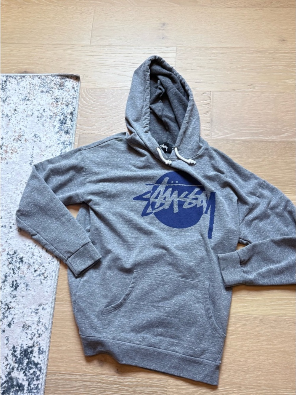 Authentic Stussy Men's Gray Hoodie with Navy Logo Size medium